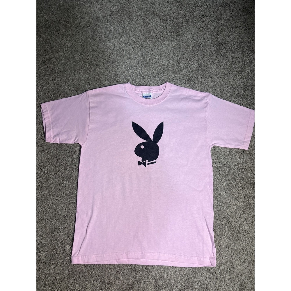 Y2K Gildan Heavy Cotton Pink Bunny Graphic T-Shirt Youth Large Black Logo Tee